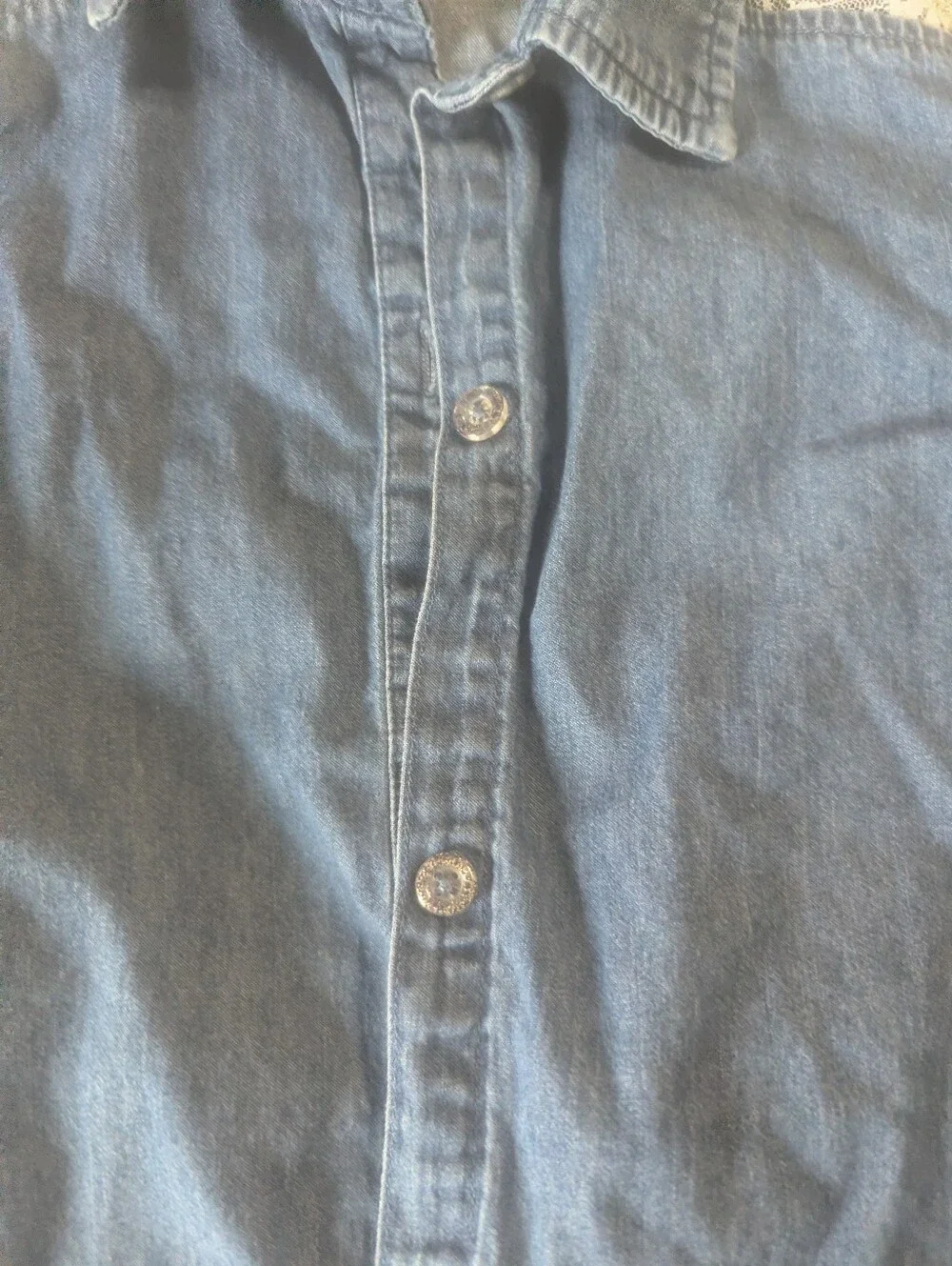 Girls' Denim Button-Up Shirt with Lace Shoulder Detail - Blue, Size 10/12